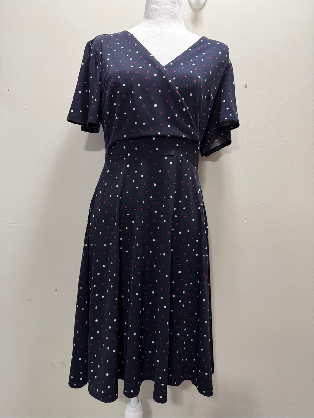 Ann Taylor Navy Midi Dress Polka Dots Size S / L38 / PTP 18